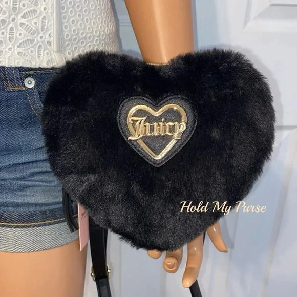 Juicy Couture Faux Fur Black Heart Crossbody Bag & Pink Card Case Wallet Set - Picture 3 of 11